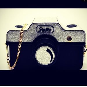 Glittery camera theme shoulder bag